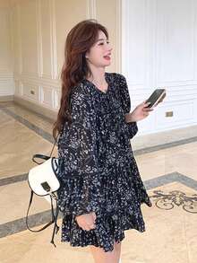 [Y6Y] Women's Black Floral Print V-Neck Long Sleeve A-Line Mini Dress, Casual Vacation Bohemian Style Woven Fabric