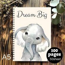 Caderno Espiral Elefante dos Sonhos (1 unidade) - 14 x 21 cm, 50 páginas, estampa fofa de elefante, material de escritório, material escolar, diário, capa motivacional, encadernação em espiral resistente, decoração com elefante - A5 - Ver 1