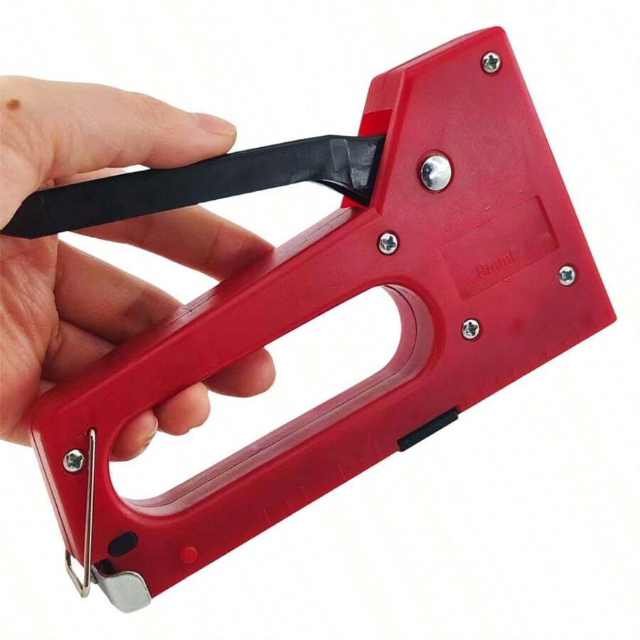 1支手动钉枪（4-8毫米），100颗钉子，红色钉枪，适用于木材、织物、家具、屋顶、室内装饰、毛毡和框架。