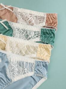 4pcs/Pack Women's Shiny Lace Bikini Panties, Mid-Waist Bow Decor Comfortable Underwear, Suitable For All Seasons - Multicolor - View 5