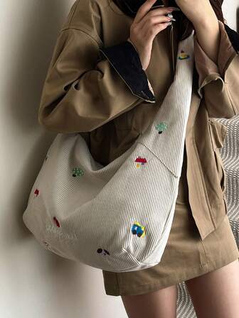 College Style Women's Corduroy Crossbody Bag - Corduroy Zipper Fashion Shoulder Bag, Casual Sports Dumpling Bag, New Autumn/Winter Corduroy Bag For Students, Underarm Bag, Handbag, Commuter Dumpling Bag Casual Versatile Crossbody Bag, Lightweight, Zipper Closure, Polyester Lining, Painted Edge Details