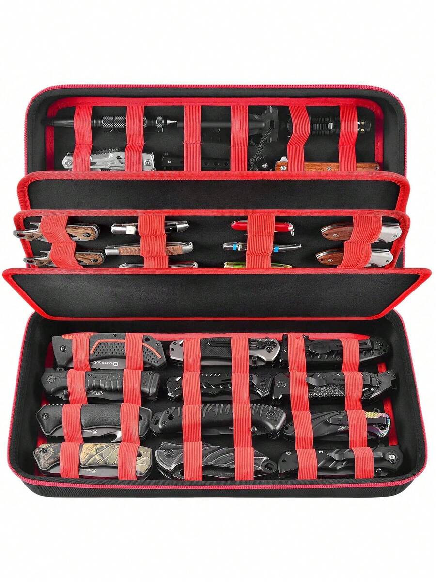 Knife Display Case For 66+ Pocket Knives. Folding Knife Holder, Butterfly Knives Storage Organizer, Knives Roll Collection Pouch Carrier Bag For Survival Tactical Outdoor For EDC Mini Knife - Box Only - 黑色 - 查看 1