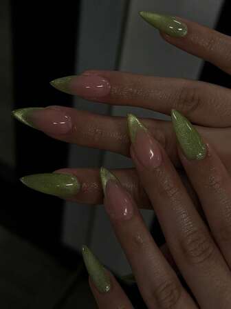 24 PIEZAS de uñas postizas cortas y puntiagudas con efecto de ojo de gato verde, arte de uñas cromado lindo, acrílico, para presionar sobre las uñas, suministros de arte de uñas, set de arte de uñas (incluye: 1 pieza de pegamento de gelatina y lima) adecuado para uso diario, citas y fiestas de mujeres