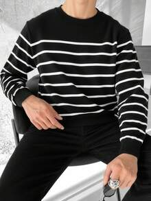 男士时尚百搭条纹圆领针织衫，长袖，秋冬款 - 黑色 - 查看 1