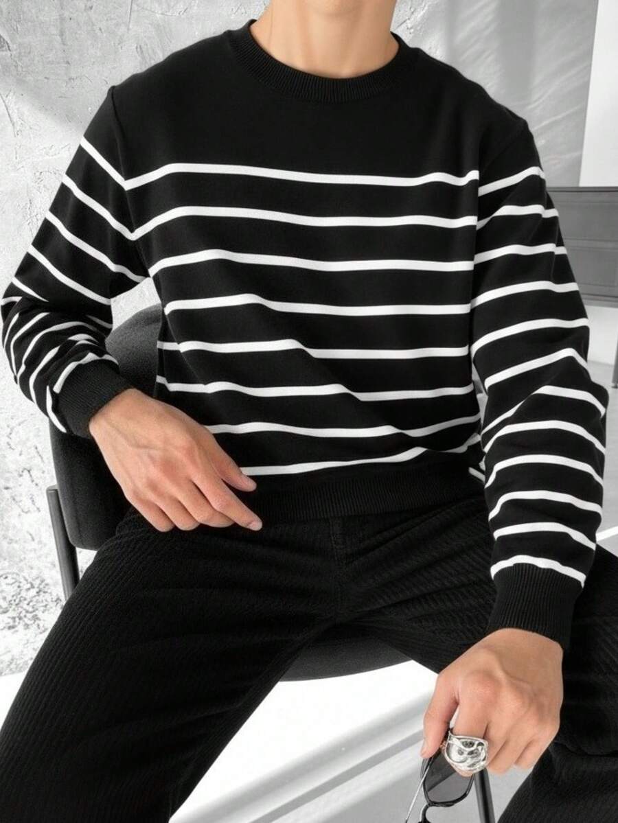 男士时尚百搭条纹圆领针织衫，长袖，秋冬款 - 黑色 - 查看 1