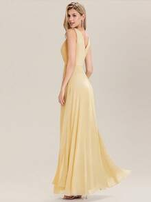 Elegant Solid V-Neck Ruched Draped Split Thigh Maxi Yellow Bridesmaid Dresses - Yellow - View 2