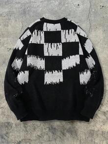 ANDREILEE Checkered Pattern Streetwear Unisex Sweater, Suitable For Autumn And Winter - الأسود - مشاهدة 8