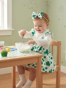 Irish Day Infant Baby Girl Spring Outfit Clover Ribbed Fake Two-Piece Long Sleeve Shorts Romper And Bow Headband 2 Piece Set Cute Leisure Festival Clothes Ideal For 3-24Months - White - View 3