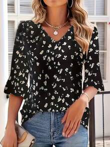 女士宽松印花荷叶袖休闲度假衬衫 - 黑色 - 查看 4