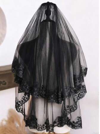 1pc Black Double Layer Mid-Length Vintage Gothic Elegant Short Lace Trim Veil Headpiece, Suitable For Weddings, Formal Events, Parties, Halloween
