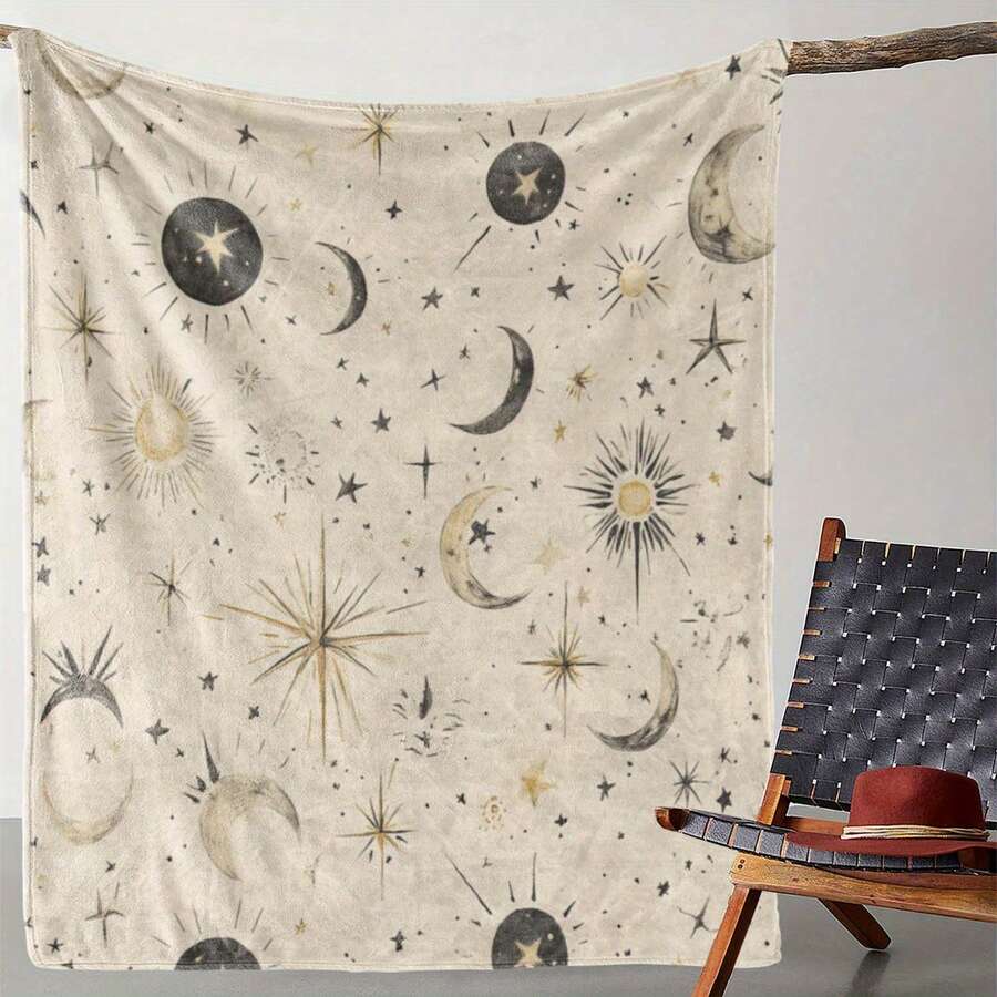 Retro Moon, Star And Sun Printed Blanket,Super Soft Flannel Printed  Blanket,As Birthday Gifts, Family, Wedding, Souvenir Blankets, Polyester Blankets Suitable For All Seasons, Washable, Machine Washable, Lightweight, Breathable, Comfortable, Warm, Unique, 280gsm For Him, Her Personalized Ideal Gifts For Her, Him, Family, Boyfriend, Girlfriend, Father, Family, Mother, Lover, Daughter, Son, Grandfather, Grandmother, Teacher,Doctor, Nurse,Friend, Classmate, Pet. Perfect Nap, Camping, Travel, Home, Daily Life, Office Decoration, Birthday, Anniversary, Valentine's Day, Thanksgiving, Graduation Season,Christmas, Halloween, Mother's Day, Father's Day, Wedding, New Year Gifts ,Sofa,Bed,Car,Bedroom,Living Room,Office,  Outdoor Camping, Beach,Wall Decoration - 多色2 - 查看 1