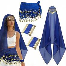 4pcs Belly Dance Set, Including Chiffon Hip Scarf, Headscarf, Bracelets And Other Dance Accessories, Coin Included - Multicolor - View 3