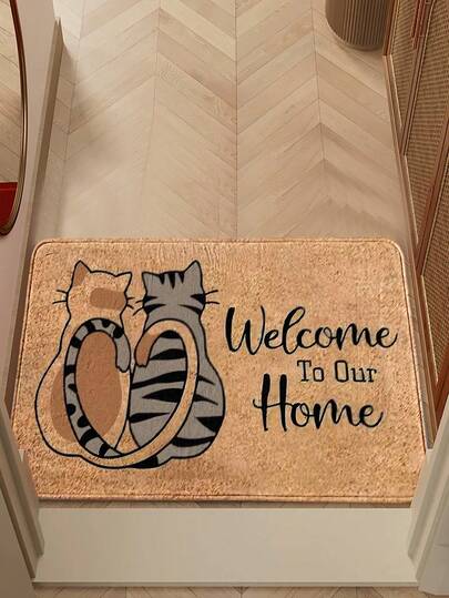 1pc Minimalist Modern Heart Cat Pattern Doormat, Faux Wool Rectangular Machine Washable Carpet, Soft Skin-Friendly Absorbent Bathroom Mat, Room Decor Floor Mat, Small Decorative Rug, Suitable For Kitchen, Laundry Room, Game Room, Hallway, Farmhouse, Patio, Balcony, Porch, Valentine's Day Holiday Decor, Couples Gift