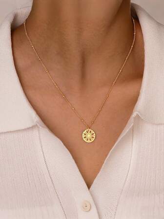 1 pieza Elegante colgante circular de acero inoxidable con cadena para la clavícula, diseño calado de loto