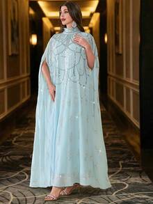 优雅串珠蝙蝠袖长立领长袍，梭织面料，刺绣图案