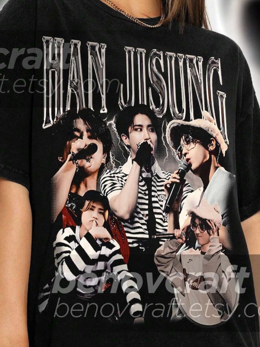 Jisung Kpop T-Shirt_ Retro 90s Bootleg Style - màu đen - Xem 1