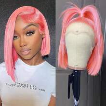 Pink Bob Wig Human Hair Brazilian Straight 13X4 HD Transparent Pink Red Bob Lace Front Wigs Human Hair Glueless Wigs Pre Plucked With Natural Hairline 180 Density Short Bob Frontal Wigs For Women - Pink - 查看 2
