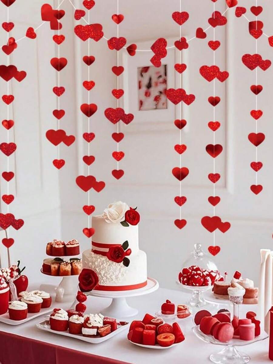 1pc Valentine's Day Red Heart Wreath, Shiny Heart Ribbon, Sparkling Heart Wreath, Suitable For Wedding, Engagement, Valentine's Day And Birthday Party Decoration - Multicolor - View 1