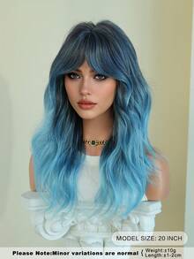 AKAKO 时尚渐变蓝色波浪波波头假发，女士款，20英寸中长波浪卷发，带刘海，全机织合成纤维，耐热，适合日常佩戴、音乐节角色扮演、前卫Y2K及哥特街头风派对。 - 淺藍色 - 查看 4