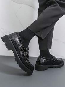 Men's Thick Sole Derby Shoes With Buckle Design, Loafers, Retro Monk Shoes, Formal Dress Shoes, British Style - Black - View 9