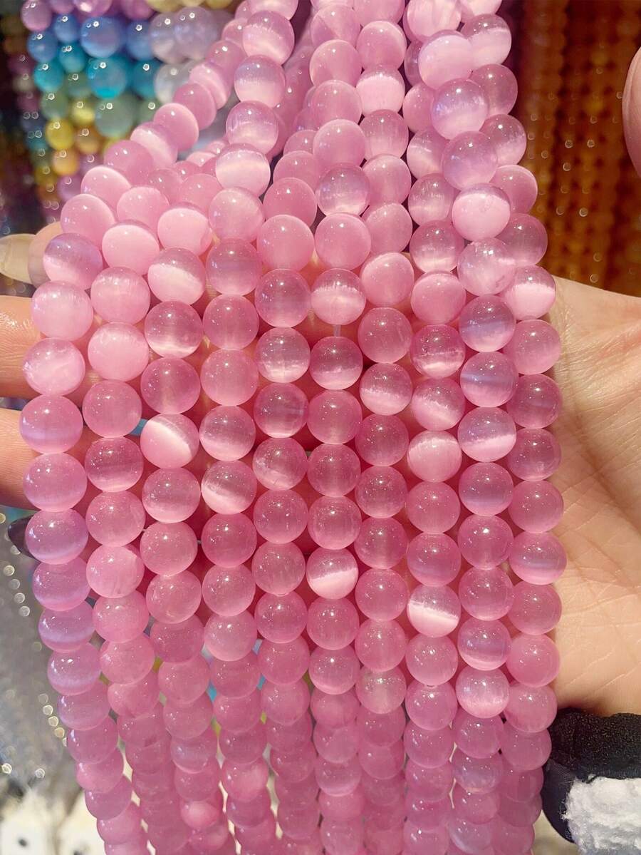 1串天然猫眼玫瑰石英珠子 – 天然粉色透石膏，6毫米、8毫米、10毫米圆形散珠，适用于手链、项链DIY首饰制作 - 粉色 - 查看 1