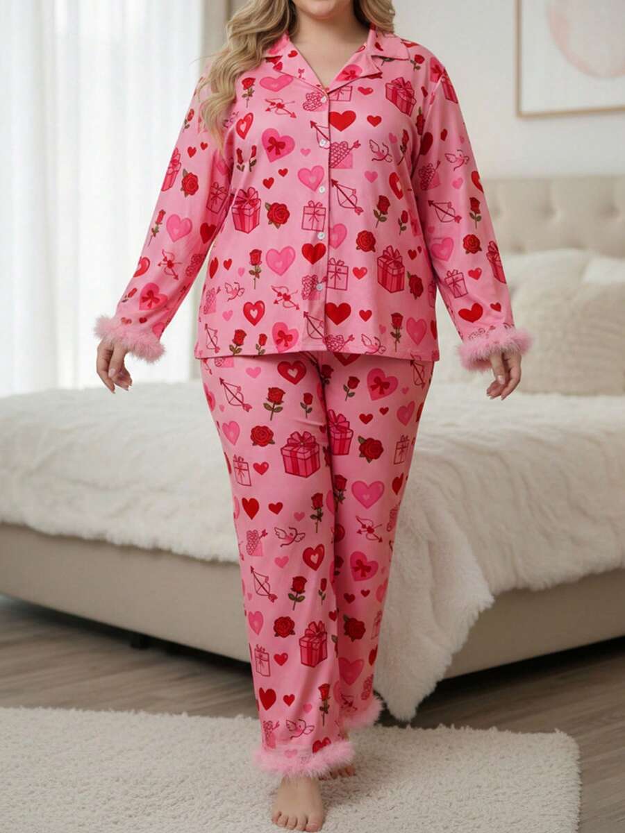Women Pajama Set, Heart Print Long Sleeve Top With Pants Sleepwear Loungewear For Valentines Day - Pink - View 1