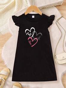 Teen Girl Letter & Heart Print Cap Sleeve Dress, Suitable For Spring/Summer - Black - View 1