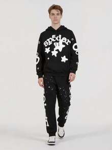 Fashion Street Hooded Set - Playful Star And Letter Print, Loose Casual Design,Y2K  Preferred Two - Piece For Daily Sports And Streetwear - 黑色 - 查看 4