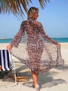 Leopard Print Tie-Front Backless Bikini Sets - Camel - View 4