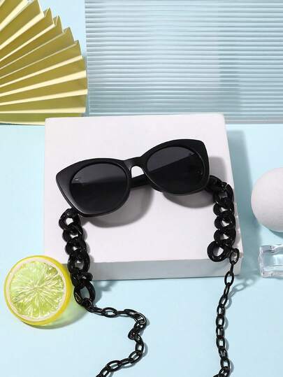 1 pieza Gafas de moda con montura de ojo de gato estilo vintage para niños y niñas de 6 a 10 años y 1 pieza Cadena para gafas con cierre de lazo conveniente para playa y vacaciones con estuche para gafas