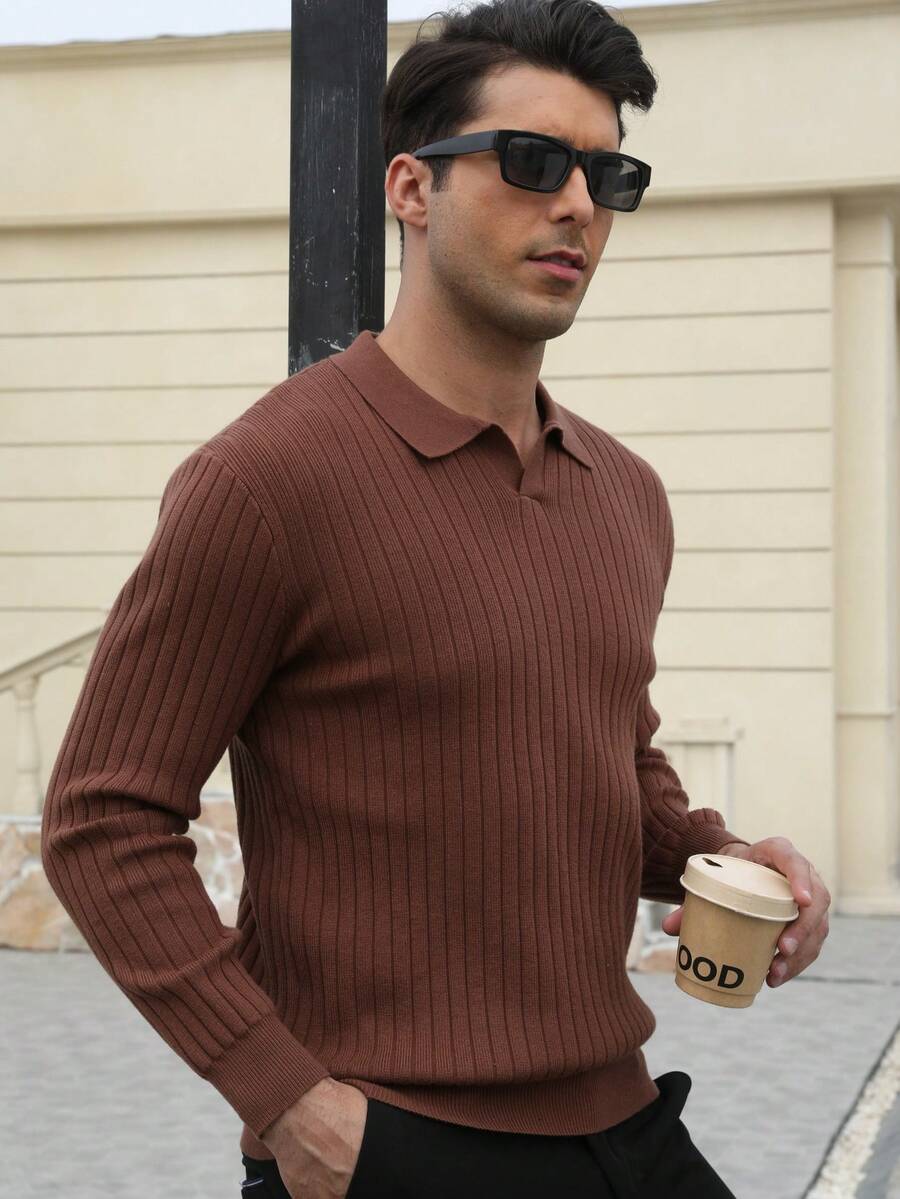 Men's Quarter-Zip Rib-Knit Pullover Sweater, Soft Casual Knit Top For Autumn & Winter - 棕色 - 查看 1