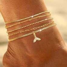 Nooxian 5件套女士脚链套装，波西米亚风夏季海滩度假叠戴款，铜镶嵌锆石美人鱼尾吊坠，镀金回形针链，串珠链，链，海洋系列多层脚链套装，叠戴脚链配饰礼品 - 金黃色 - 查看 6