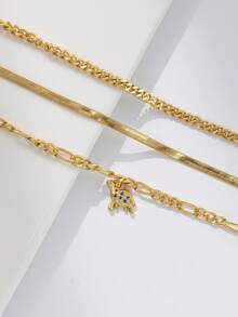 Nooxian 3pcs/Set Women Anklet Set, Bohemian Summer Beach Vacation Layered Style, Gold-Plated Cuban Link, Snake Bone Chain, Copper Zirconia Turtle Pendant Ocean Series Multi-Layer Anklet Accessories Gift - Yellow Gold - View 3