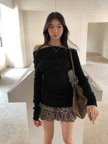 Open Shoulder Knit Sweater For Women, Slim Fit, Layering Top, Long Sleeve Dress, Autumn - Black - View 1