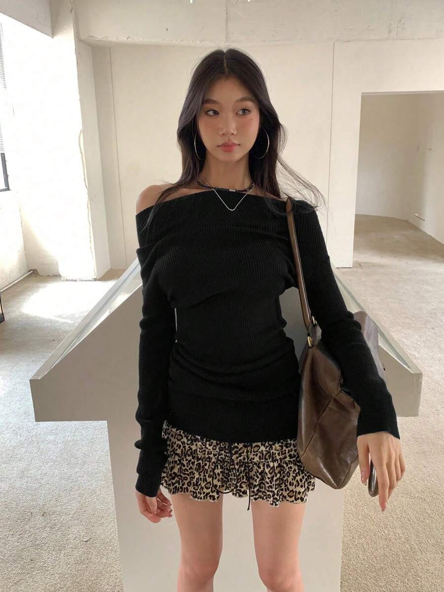 Open Shoulder Knit Sweater For Women, Slim Fit, Layering Top, Long Sleeve Dress, Autumn - Black - View 1