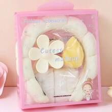 5件套柔和粉蓝色花朵发饰及腕饰套装 - 无缝发夹、发带、腕带 - 易于清洁、可水洗、亲肤，浅米色，适合生日派对、日常佩戴，理想的礼盒包装