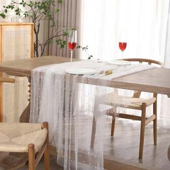 1 st. pärldekorerat, transparent tyg, fotobakgrund, kan användas som bordslöpare, pärlbakgrundsduk, vit pärlduk för bröllop, dekoration av bröllopsbågen, bröllopsmottagning, bruddusch, festdekoration