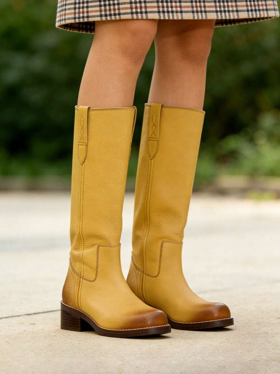 Women's Campus Knee High Boots Square Toe Riding Boots Vintage Pull On Riding Boots Wide Calf Boots Chunky Block Low Heel Motorcycle Boots - Yellow - View 1