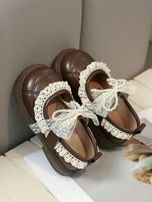 1双儿童蝴蝶结皮鞋，时尚公主鞋，新款春秋季女童表演鞋，软底鞋 - 棕色 - 查看 7