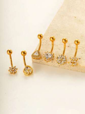 1pc Elegant Fashion Copper Zirconia Flower & Geometric Navel Piercing Jewelry, Stainless Steel Bar