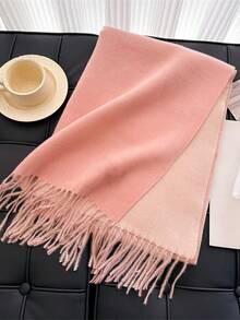 1pc Fashion New Double-Sided Scarf For Women, Winter Dual-Use High-Grade Solid Color Air-Conditioned Room Shawl Long Tassel Thick Warm Scarf - Watermelon Pink - View 2