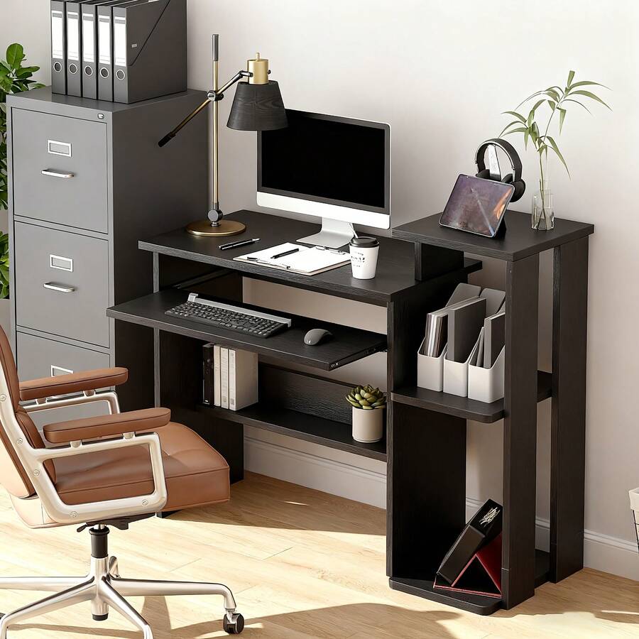 Multifunctional Computer Desk With Built-In Bookshelf, Home Wooden ...