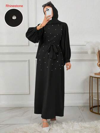 女士仿珍珠装饰圆领泡泡袖连衣裙，阿拉伯风格连衣裙，新年晚宴长袍，情人节服装，新年服装，闪亮连衣裙，优雅派对礼服，黑色连衣裙，婚礼服装，春假服装