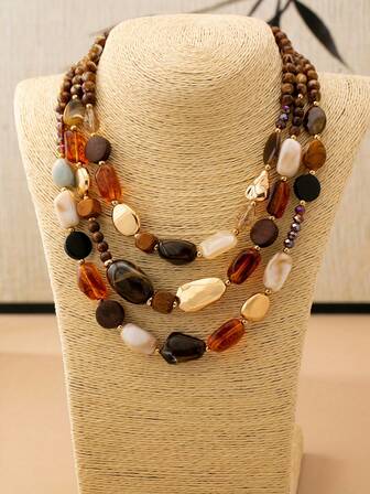 1 pieza Collar ovalado bohemio elegante y lujoso con cuentas geométricas multicolor para mujeres, adecuado para vacaciones, fiestas y uso diario