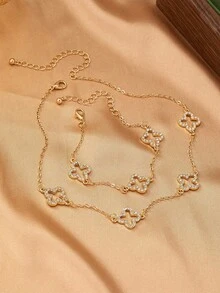 2pcs Fashionable & Elegant High-End Hollow Metallic Four-Leaf Clover Pendant Necklace & Bracelet Set, Suitable For Teenage Girls Everyday And Holiday Wear - Gold - View 2