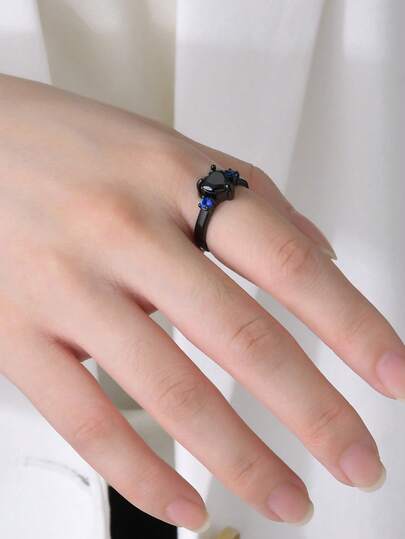 1pc Customized Stainless Steel Blue & Black Heart Shaped Zirconia Cast Ring, Elegant, Vintage, Minimalist, Casual, Cute, Personalized, Unique, Ideal Gift For Him/Her, Girlfriend, Boyfriend, Dad, Mom, Family, Friends