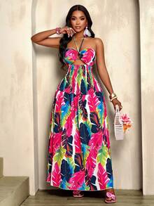 Sexy And Elegant Women's Long Dress With Random Floral Patterns - Hot Pink - View 4