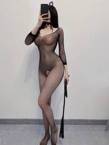 1 pieza Leggings con rejilla de strass sin entrepierna - Conjunto sexy de lencería y atuendo de club para mujer para rave - Negro - Ver 2