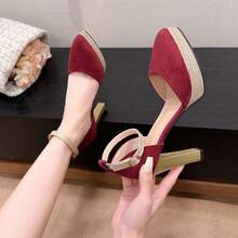 欧美风系带粗跟凉鞋，女士夏季新款红色高跟鞋，时尚百搭派对晚宴鞋 - 紅色 - 查看 13