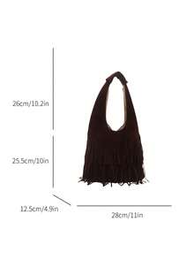 Bolso de mano casual y retro de gran capacidad con flecos de gamuza para mujeres, nueva bolsa de cubo versátil de un solo hombro para 2025, unicolor - Café - Ver 5